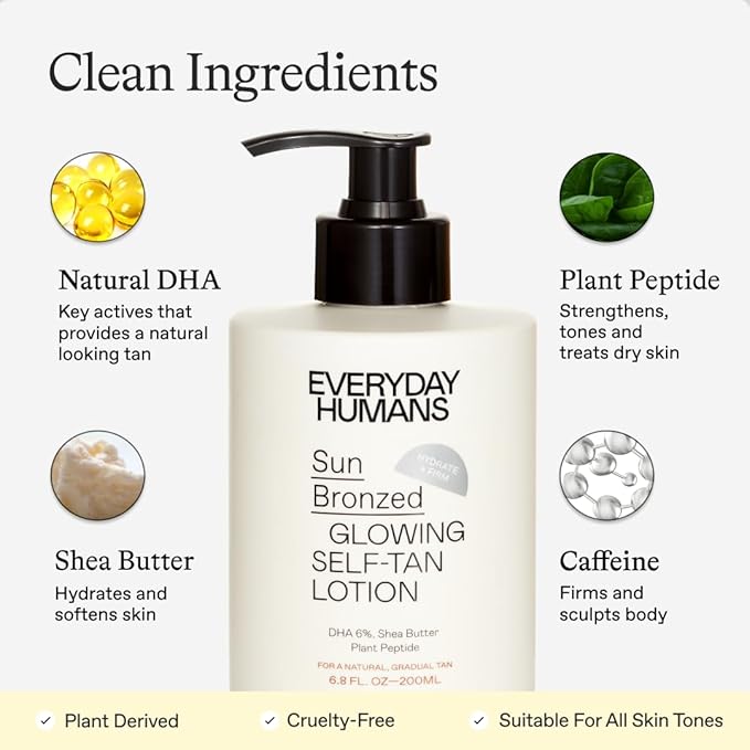 Sun Bronzed Gradual Self Tanning Lotion Australian Made 6.8 fl.oz | Moisturizing & Firming Self Tanner with Peptides | Streak-Free Luxe Sunless Tanner With Vetiver & Santal | Everyday Humans