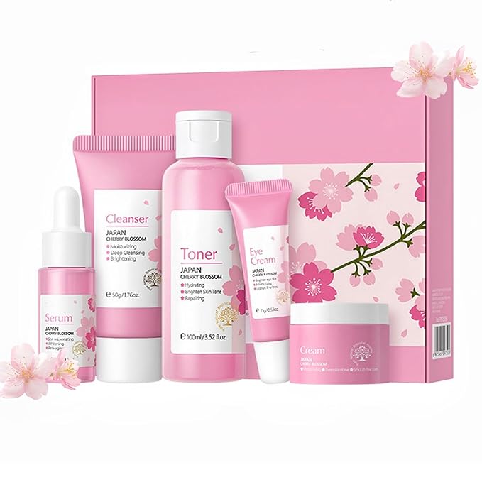Cherry Blossom Skincare Sets, Skincare Essence Set for Teenage Girls Gift Set, Deeply Hydrate Reduce Fine Lines Includes Cleanser, Toner, Serum Essence, Eye Cream, Face Cream(5PCS)