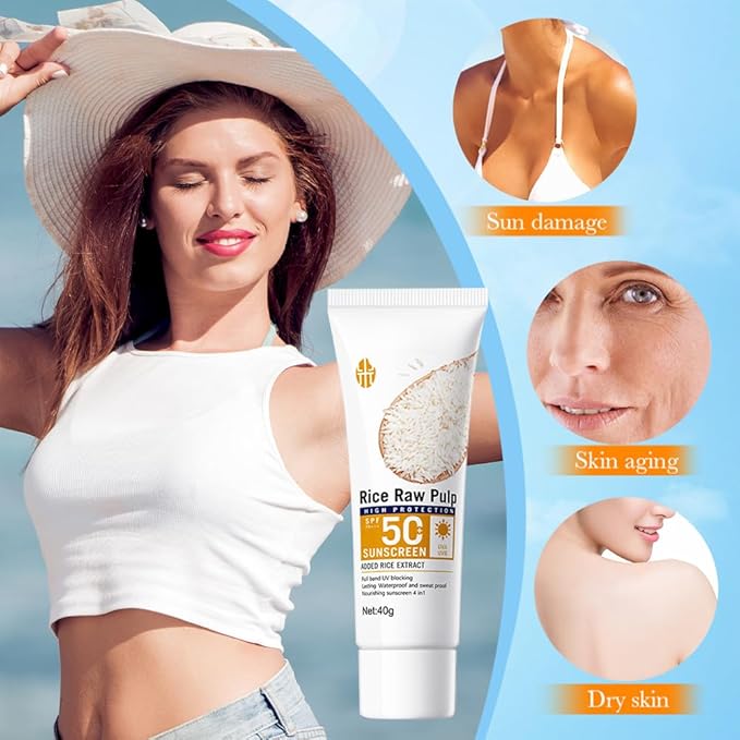 Rice Sunscreen Cream,2 Pcs Rice Probiotics Organic Relief Sunscreen for Face and Body-Moisturizing,Skin Protection and All Skin Types,Facial Body Rices Sunblock for Women Man (A)