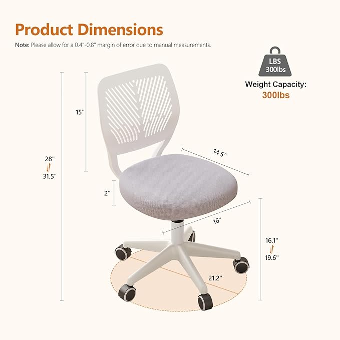 Small Desk Chair with Wheels, Armless Rolling Office Chair with Soft Mesh Padded Cushion, Height Adjustable Ergonomic Study Computer Chair for Girls Boys Teens