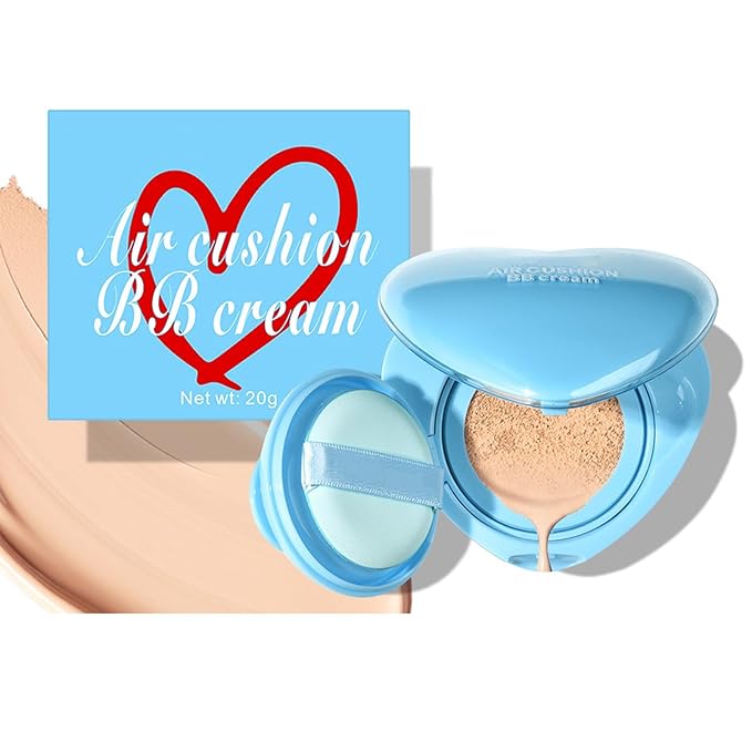 Air Cushion BB Cream, Heart-Shape Cushion Foundation with Mirror, Concealer & Moisturizing Effects Lightweight Buildable Coverage, Blurs Pores, Even Skin Tone Oil-Control Formula, Ivory