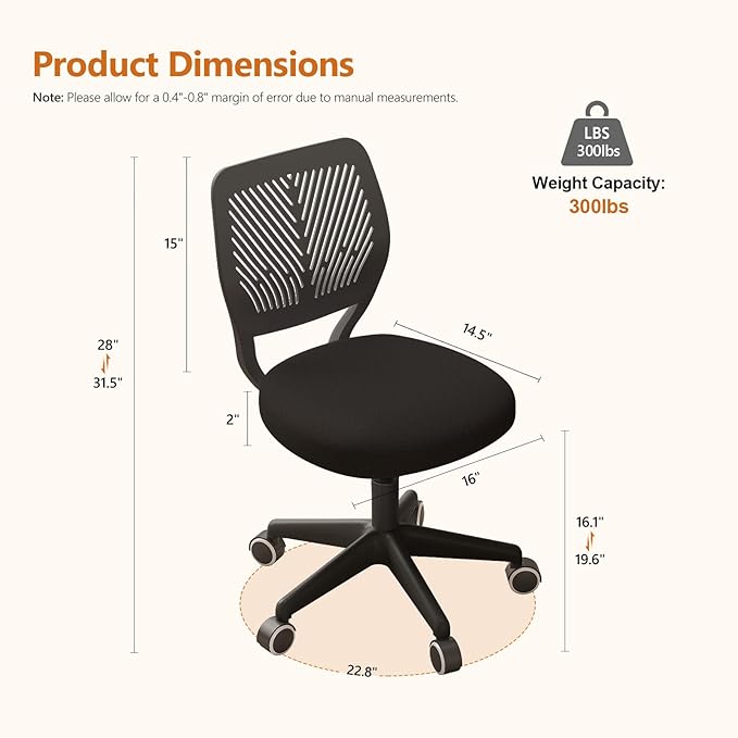 Armless Desk Chair, Height Adjustable Swivel Office Rolling Task Chairs with Soft Mesh Padded Cushion, Ergonomic Small Study Computer Chair for Girls Boys Teens (Black, 2PCS)