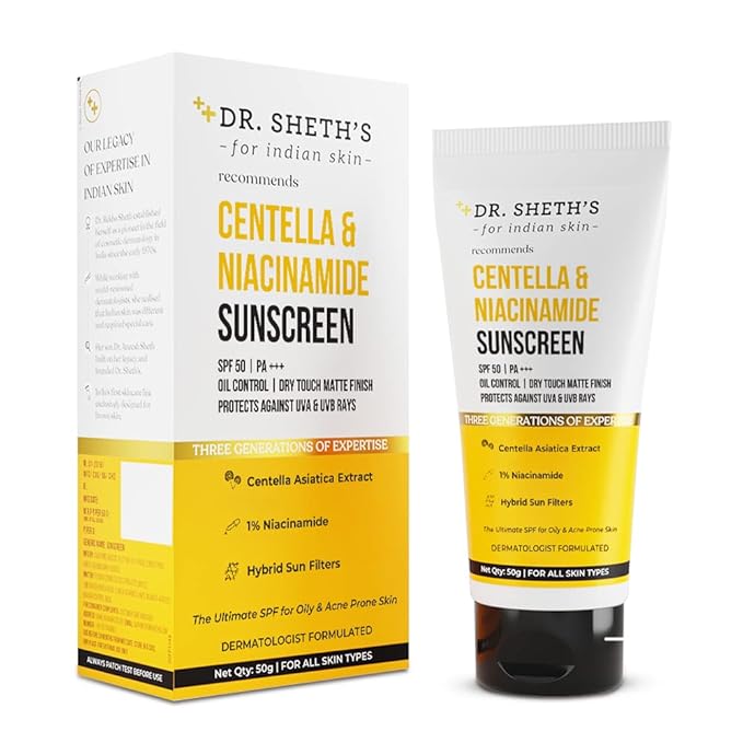 Dr Sheth's Centella & Niacinamide Sunscreen SPF 50 PA+++ For Oily & Acne-Prone Skin Sweat Proof & Water-Resistant Dry Touch Matte Finish Controls Excess Oil Protects Against UVA & UVB Rays
