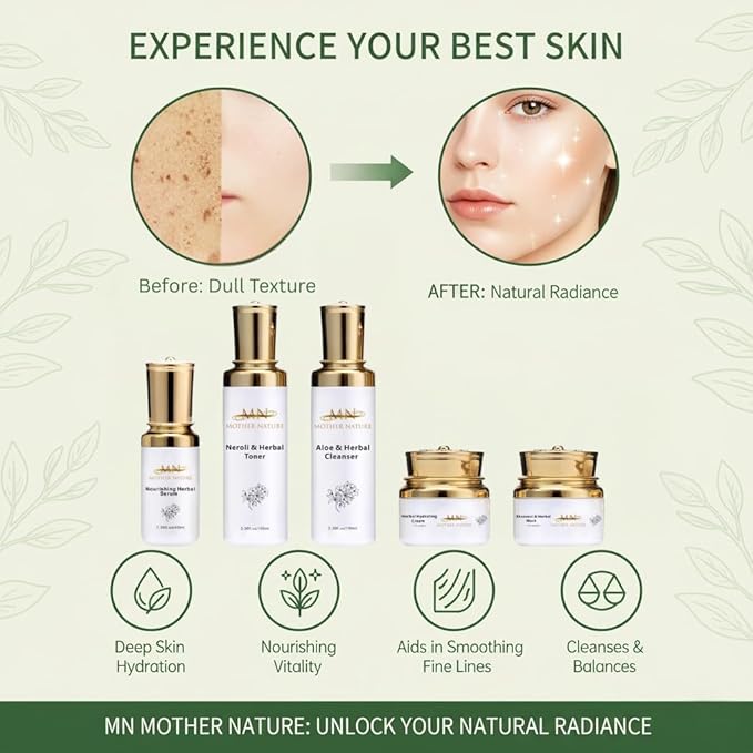 MN Mother Nature Herbal 5-Piece Skincare Set – Aloe Cleanser, Neroli Toner, Rhassoul Mask & Hydrating Cream – Organic Formula for Smooth, Healthy-Looking Skin – Daily Moisture & Vitality Routine