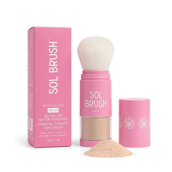 SPF 50 Mineral Sunscreen Powder, Broad Spectrum UVA/UVB Protection Sunscreen, Mess Free Brush On Applicator, Clean & Cruelty Free, Water Resistant (80 Minutes), Pink, Fair