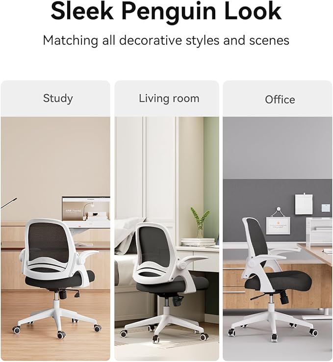 Hbada Office Desk Chair with Flip-Up Armrests and Saddle Cushion, Ergonomic Office Chair with S-Shaped Backrest, Swivel, Mesh, White