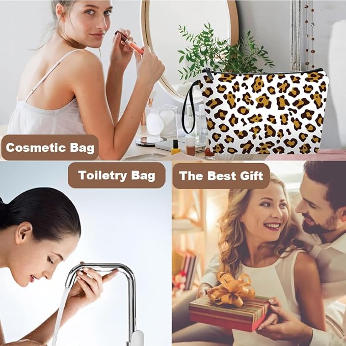 Personalized leopard print Makeup Bag set with Mirror for Women,Leopard Pattern Travel Cosmetic bag kit for Bride Bridesmaid with pink brush set,Leopard Gifts for Mom Girls femal Friends