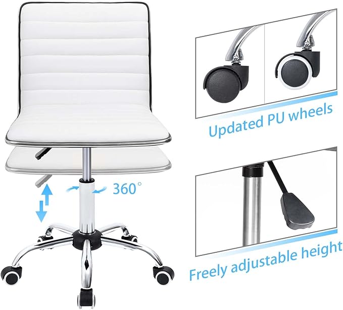 Furmax Vanity Office Desk Chair with Wheels, Armless Small Cute Leather Makeup Computer Task Chair Adjustable Height 360° Swivel (White)