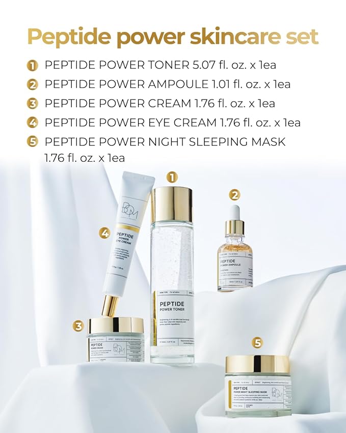 BOM COSMETICS A Set of Peptide Power Skincare With 5 Kinds of Items (Toner, Ampoule, Cream, Eye Cream, Sleeping Mask), 24K Gold & Penta-peptide for Skin Collagen Boost, Korean Skincare