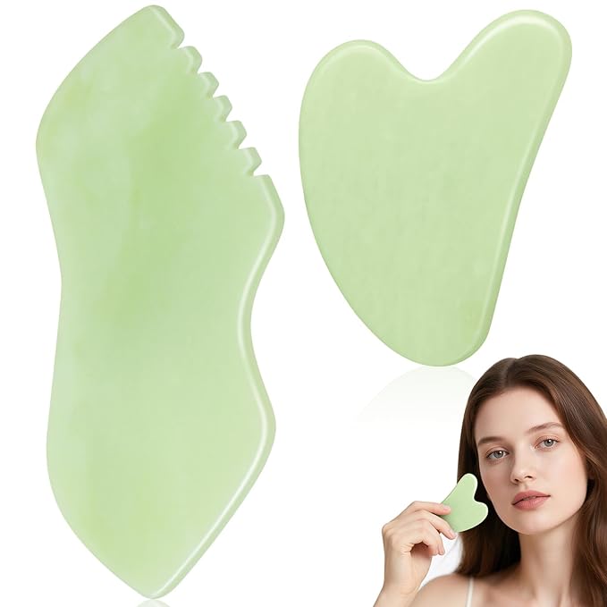 2PCS Jade Stone Gua Sha Set Face Massager Jade Facial Tools Body Lymphatic Drainage Massager, Guasha Face Sculpting Tool Skin Care Valentine's Day Gifts for Women Gua Sha Sculpting for Tighten Skin