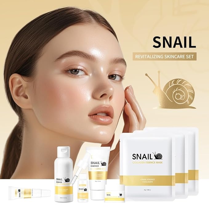 6pcs Snail Essence Skin Care Kit, with Cleansing Gel, Toner, Eye Cream, Serum, Essence Cream and Face Mask Korean Skin Care Set, Moisturizing & Nourishing, Minimizes the Look of Wrinkles