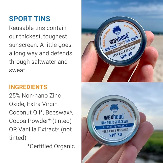 Waxhead Travel Size Sunscreen Sampler Box - Non-Nano Zinc Oxide Coral Reef Safe, Eco Biodegradable Sunblock SPF 30. Lip Balms, Solid Mini Paste Tins (.5oz) Tinted, Baby + Everyday (1oz) in Dry Bag