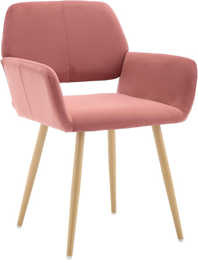 KCC Small Modern Dining Room Arm Chairs 1 Piece, Mid-Century Upholstered Velvet Side Seat Club Guest with Metal Tube Legs for Kitchen, Living Room, Rose