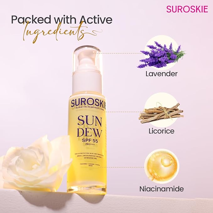 Sun Dew SPF 55 PA++++ Sunscreen, Water-Resistant, Lightweight Formula with Lavender and Niacinamide, 50ml