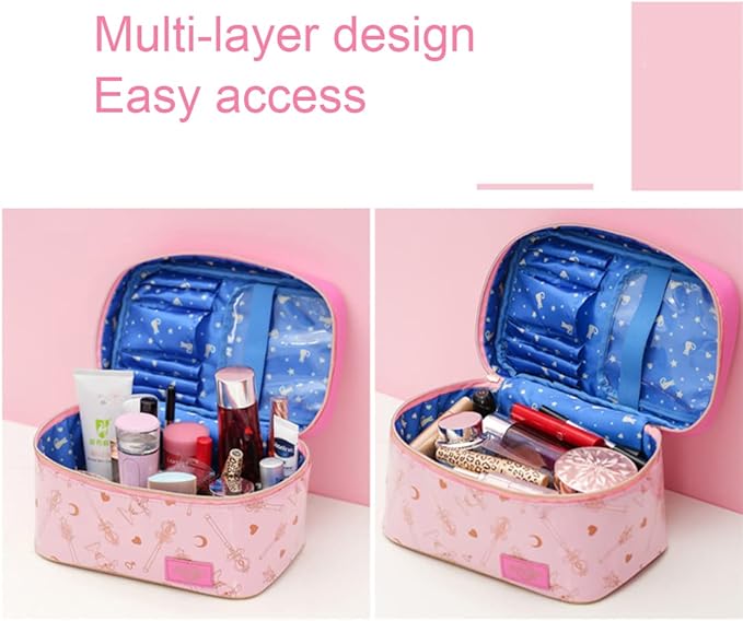 AngelReally Girl Makeup Bag, Cosmetic PU Leather Makeup Bag Portable Travel Cosplay Makeup Bag Organizer Storage Bag Cartoon for Girls Women