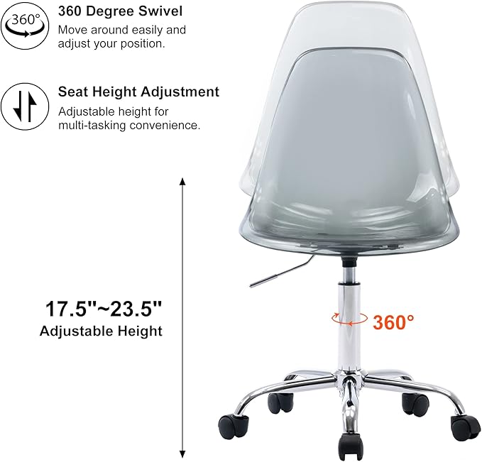 HOMEFUN Clear Desk Chair, Acrylic Rolling Armless Vanity Swivel Height Adjustable Ghost Molded Plastic Home Office Chairs with Wheels, Black