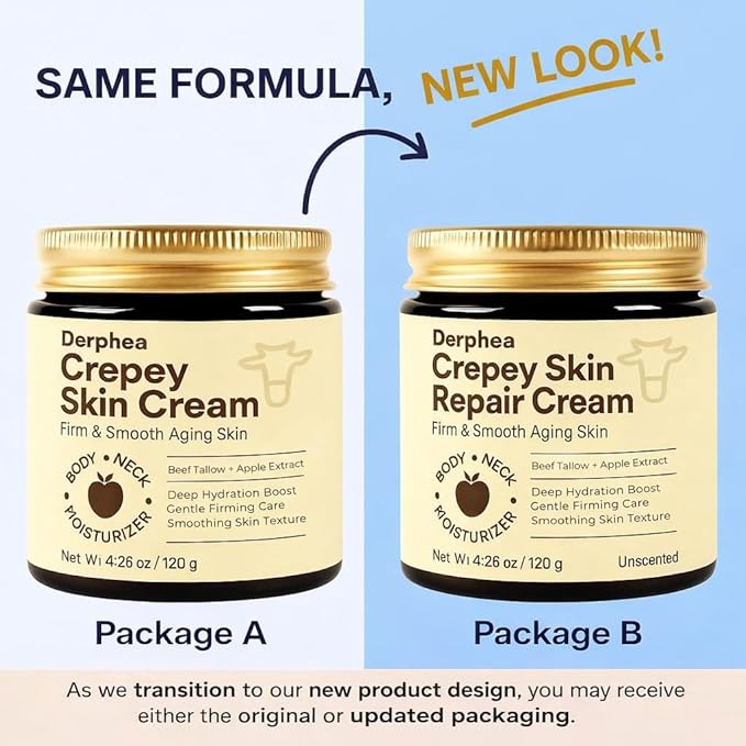 Crepey Repair Cream for Aging Skin: Crepe Skin Repair Treatment with Pure Beef Tallow, Soluble Collagen & Apple Fruit - Advanced Crepe Fix Cream for Neck, Arms, Chest, Body - Unscented 2 Pack