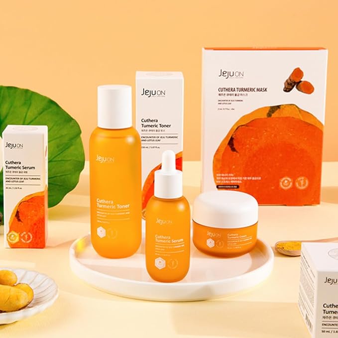 Cuthera Turmeric 3-Piece korean Skincare Set Essence Toner, Serum, Cream - Vegan, Anti-Aging, Hydrating, Moisturizing, Jeju Natural Ingredients, Elasticity care, Pore care, Skin Calming