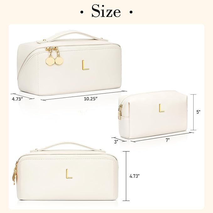 Birthday Gifts for Women Teen Girl, Personalized Initial Makeup Organizer Bag Set, Open Flat Travel Cosmetic Bag With Clear Divider and Handle(Large-Beige,L)
