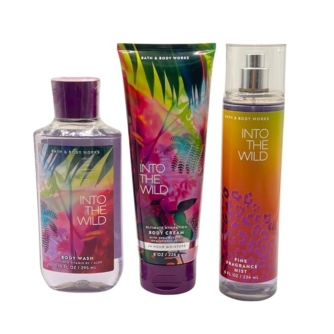 Bath & Body Works INTO THE WILD Fine Fragrance Mist, Ultimate Hydration Body Cream & Body Wash 3-piece Gift Set with a Blue Bow for Holidays – Full Size