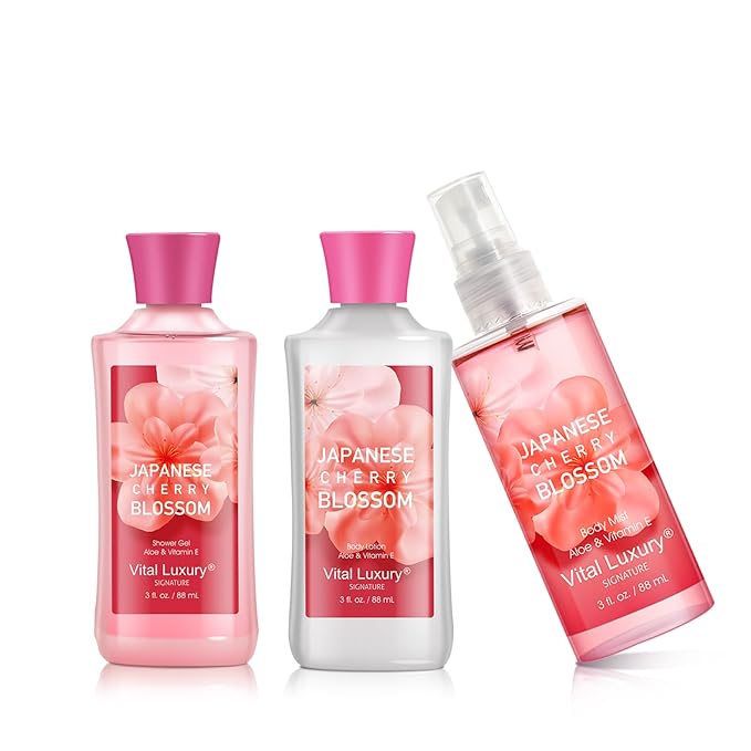 Bath and Body Gift Set – Japanese Cherry Blossom, Travel-Size Spa Kit with Gel, Lotion, Mist & Natural Extracts, Ideal for Birthday, Mother's Day & Christmas Gifts