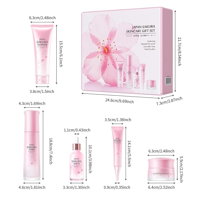 Cherry Blossom Skin Care Gift Set for Teenage Girls Women, 5 Piece Hydrating & Cleaning Skincare Sets Routine Kit with Cleanser , Toner, Serum, Eye Cream, Essence Cream Anti-Aging Skin