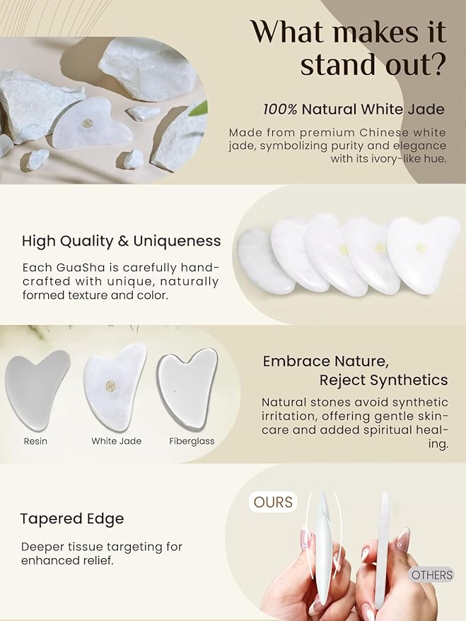 Rena Chris Gua Sha Facial Tools, Jade Guasha Tool for Acupuncture, Manual Massage Tool for Jawline Sculpting and Puffiness Reducing, Gua Sha Facial Massage Tool with Silicone Case (White)