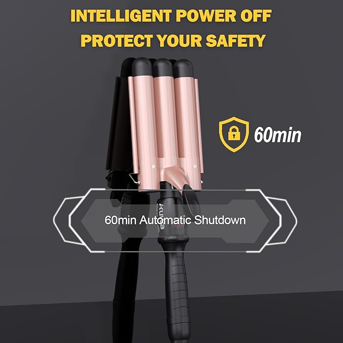 kuwa Crimper Hair Tool, 15 Variable Temperature with LCD Display Hair Crimper, Waver Hair Tool,3 Barrel Curling Iron, hairCrimper for Women,Long-Lasting Natural Tight Waves