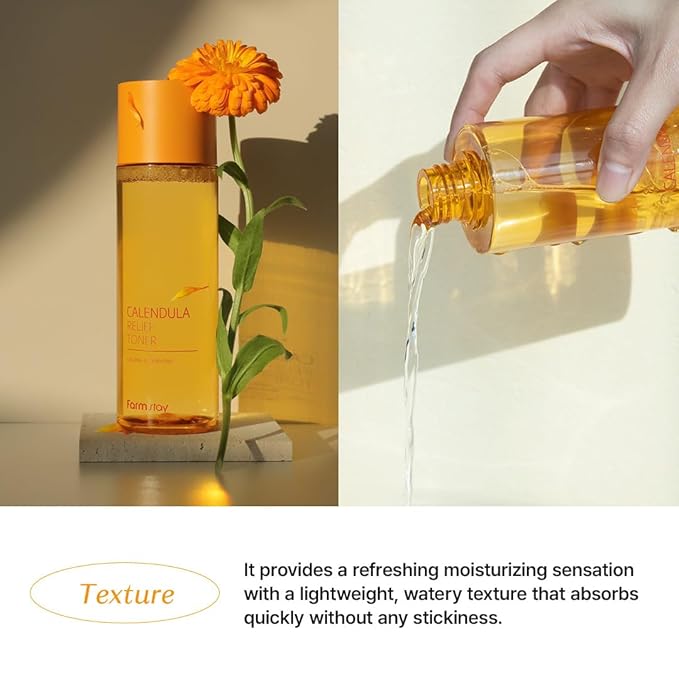 FARMSTAY Calendula Relief Toner | Quick Calming Sensitive Non-Sticky Non-Irritating Hydrating Moisturizing Korean Vegan Soothing All Skin Type 6.76 fl oz