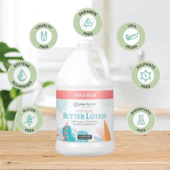 Ginger Lily Farms Botanicals Soothing Butter Lotion for Dry Skin, 100% Vegan & Cruelty-Free, Apple Pear Scent, 1 Gallon Refill (128 fl oz)