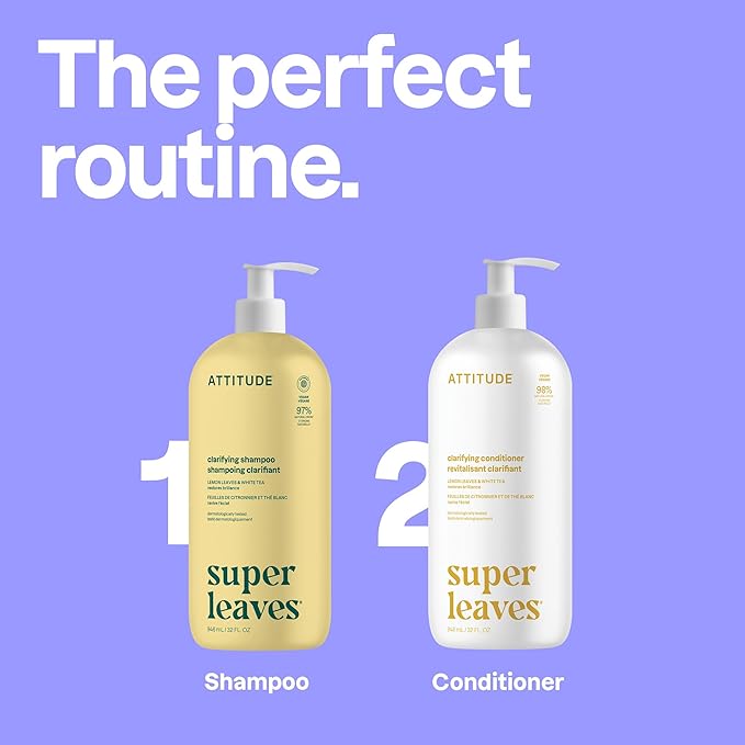 ATTITUDE Clarifying Hair Conditioner, Restores Shine, Naturally Derived Ingredients, Vegan Detangler, Dermatologically Tested, Lemon Leaves and White Tea, 32 Fl Oz