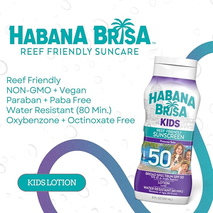 Habana Brisa Reef Friendly Kids Sunscreen Lotion SPF 50, UVA/UVB Protection, HAWAII ACT 104 COMPLIANT, NON GMO & Vegan, No Oxybenzone & No Octinoxate, Water Resistant, Small-Batch Production, 8 FL OZ