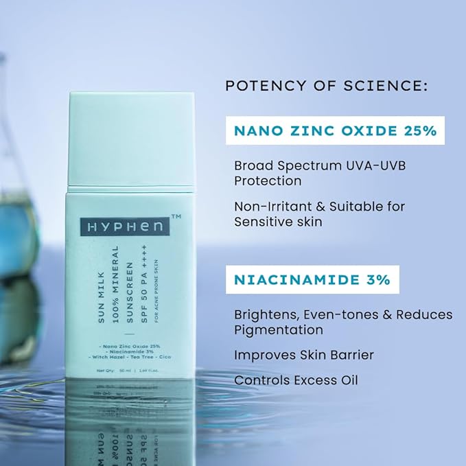 Hyphen Sun Milk 100% Mineral Sunscreen Spf 50 Pa++++ Uv+ Bluelight Protection, 25% Nano Zinc Oxide | Sensitive, Acne Prone & Oily Skin, Water Resistant Sun Protect | For Women And Men - 50 Ml
