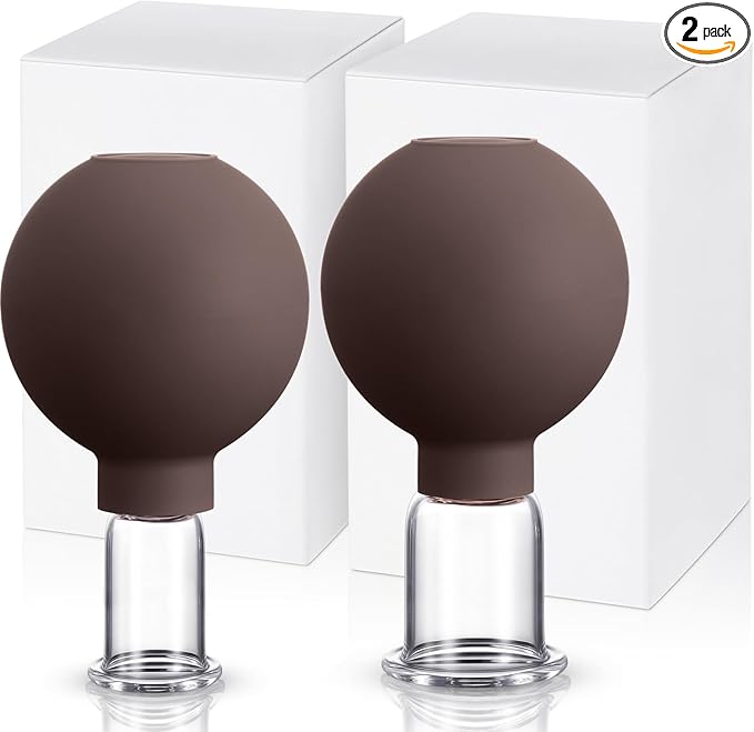 Nuanchu 2 Pieces Glass Cupping Set, Facial Cupping Cups Glass Silicone Cups Vacuum Suction for Face Skin Back Shoulder Muscle(1 Inch and 1.4 Inch Diameter,Brown)