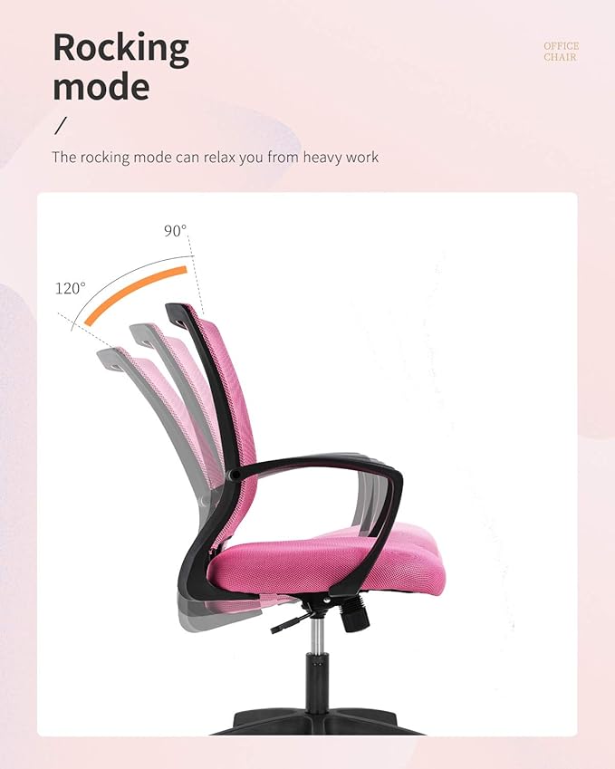FDW Home Office Chair Mid Back PC Swivel Lumbar Support Adjustable Desk Task Computer Ergonomic Comfortable Mesh Chair with Armrest (Pink)