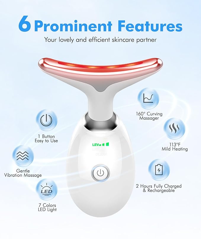 Red Light Therapy for Face and Neck, 7 Color Face Massager Tool for Wrinkles, Double Chin, Vibrating Facial Massager with Thermals for Skin Care, Gifts for Women Men, Glossy White