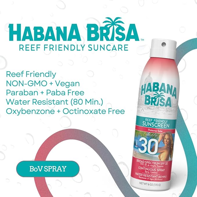 Habana Brisa Reef Friendly SPF 30 Sunscreen Spray – Vegan, Non-Toxic, Water & Sweat Resistant, Broad Spectrum UVA/UVB Protection, 6oz (Single Pack)