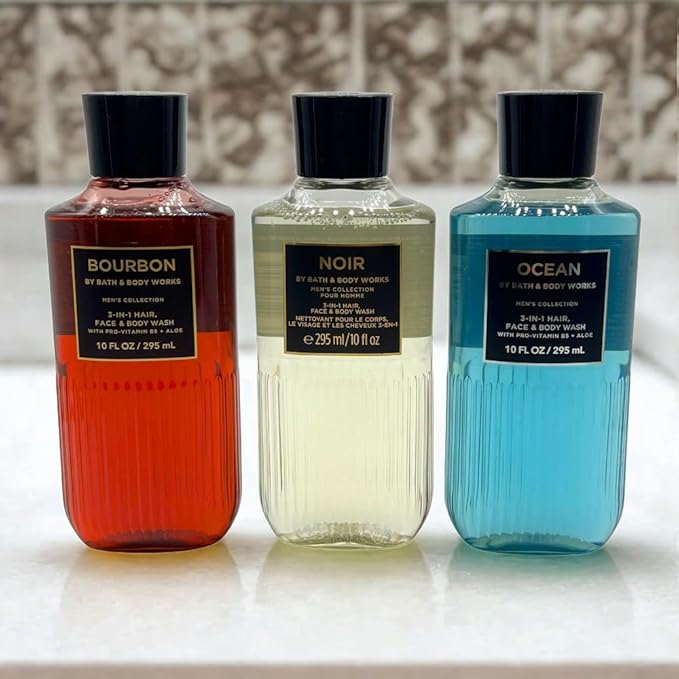 Bath & Body Works BOURBON, NOIR, OCEAN Men's Collection 3-in-1 Hair, Face & Body Wash 3-piece Gift Set with a Blue Bow for Holidays - 10 fl oz each