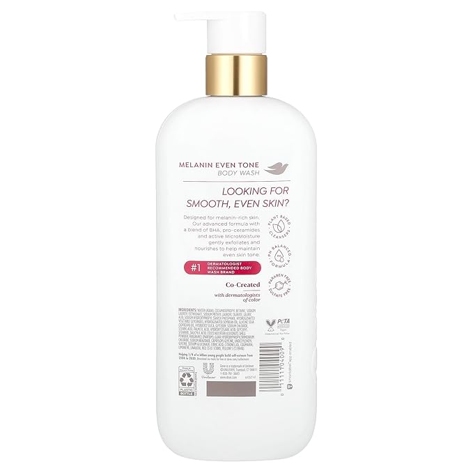 Dove Exfoliating Body Wash Melanin Even Tone Promotes Even Skin Tone 5% pro-ceramide serum with BHA 18.5 oz