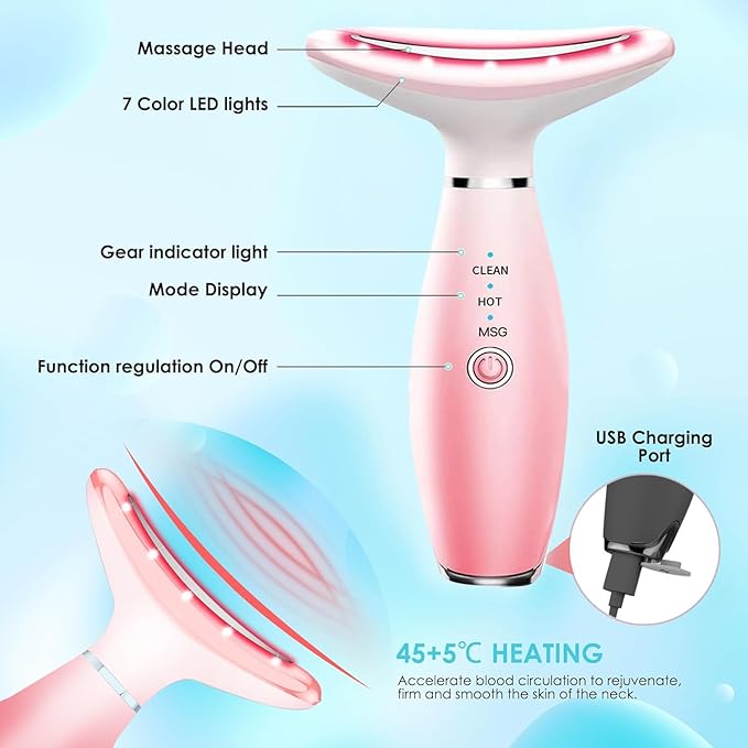 Face Massager -7 Color Red-Light-Therapy for Face and Neck for Wrinkles, Double Chin, Vibrating Facial Massager with Thermals (Pink)