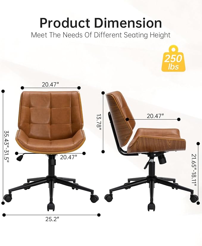 Mid-Century Modern Home Office Chair,Adjustable Height Desk Chair with Walnut Finish&PU Leather,Armless Executive Computer Chair with 360° Swivel Rolling Wheels for Vanity, Bedroom&Workspace (Brown)