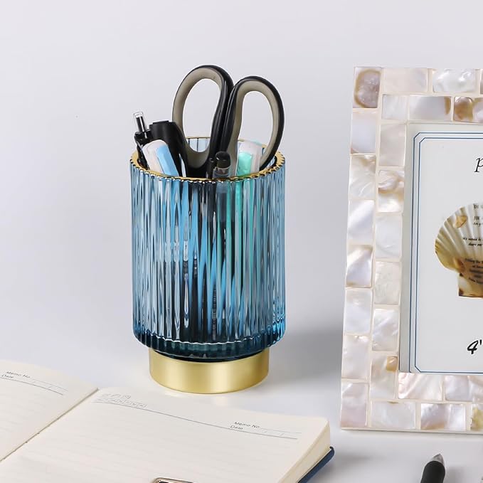 Vintage Makeup Brush Holder Organizer,Dresser Glass Brushes Holder,Vanity Cosmetic Brush Holder,Desktop Crystal Eyeliners Eyebrow Pencil Storage Cup Holder for Countertop (Large Blue)