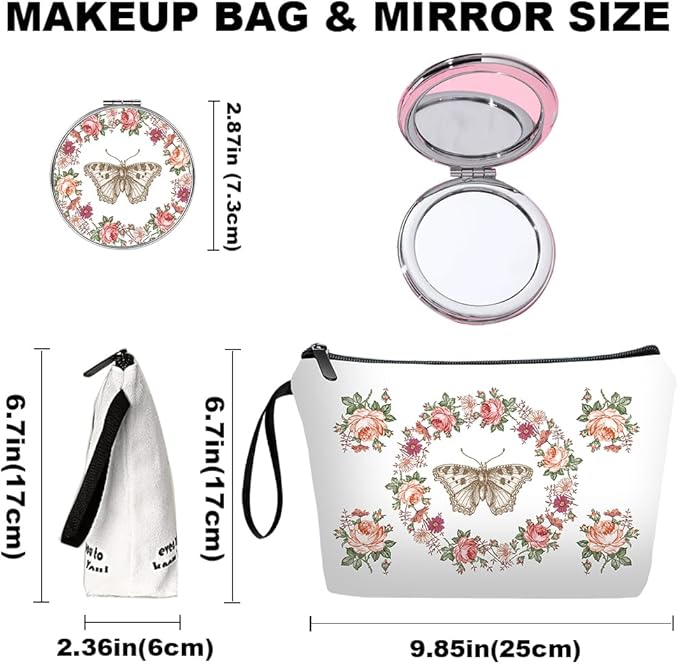 Personalized butterfly floral Makeup Bag set with Mirror for Women, white Butterfly travel Cosmetic bag kit Bride Bridesmaid with pink brush set,Butterflies Gifts for Women Mom femal Friends