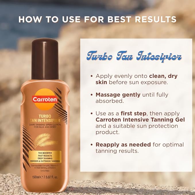 Carroten Turbo Tan Intensifier | Tanning Primer for Fast Long-lasting Results | Deep Tanning Spray Lotion for Face & Body | Quick-Drying, Lightweight Hydration | Made in Greece | 5 oz