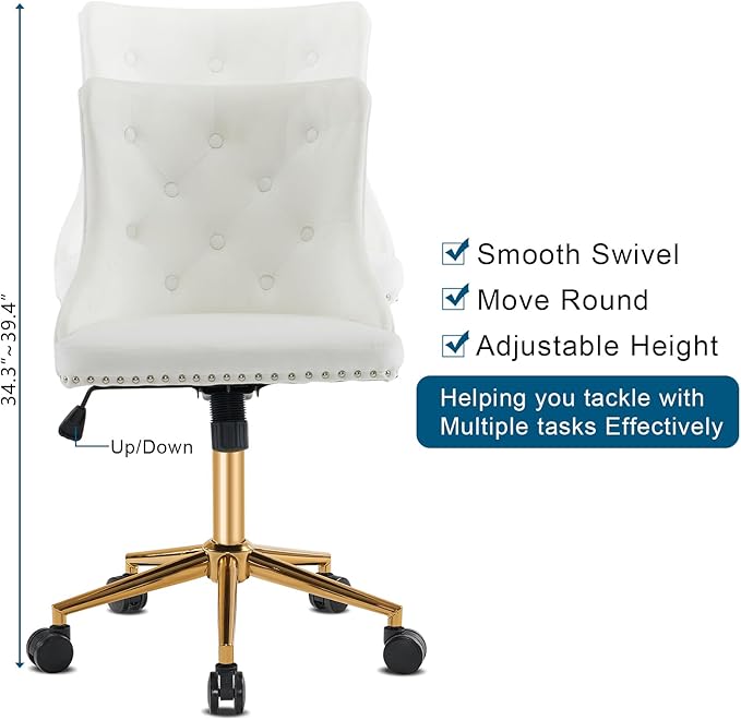 VINGLI White Velvet Armless Home Office Desk Chair with Gold Base/Wheels, Small Cute Vanity/Makeup Chair with Back for Bedroom, Upholstered Adjustable Rolling Swivel Nail Chair for Women/Girls