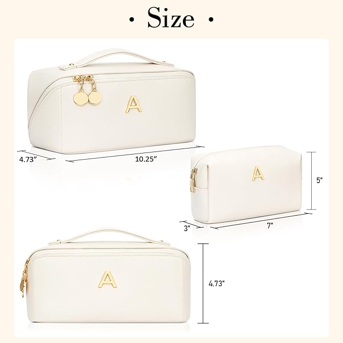 Birthday Gifts for Women Teen Girl, Personalized Initial Makeup Organizer Bag Set, Open Flat Travel Cosmetic Bag With Clear Divider and Handle(Large-Beige,A)