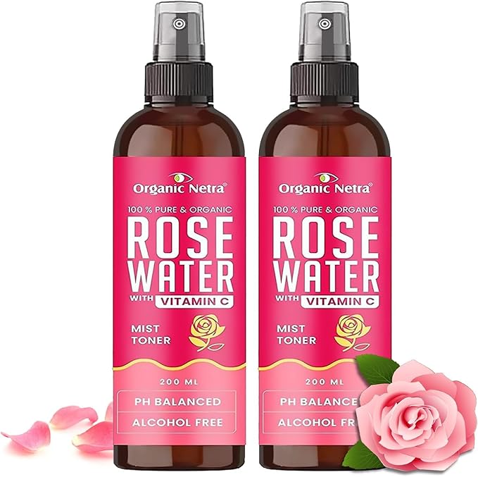 Organic Netra Pure Rose Water Face Toner with Vitamin C,Helps to Hydrate The Skin, Cleanses and tightens The Open pores -Mist Spray for All Skin Type (200 L, Pack of 2)