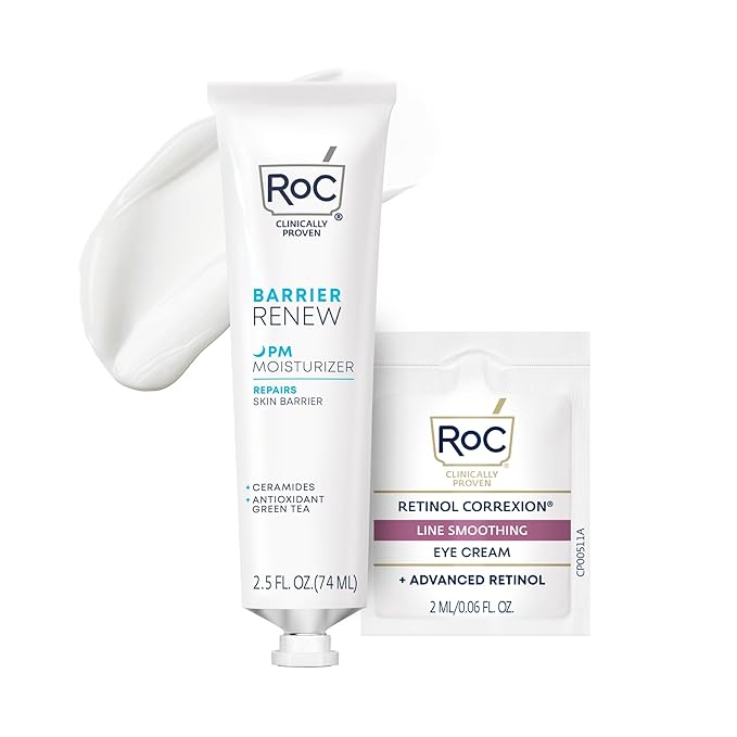 RoC Barrier Renew Night Moisturizer with Ceramides & Antioxidant Green Tea and Lipo Peptides to Renew Skin Barrier, (2.5 oz) with Retinol Eye Cream Packette