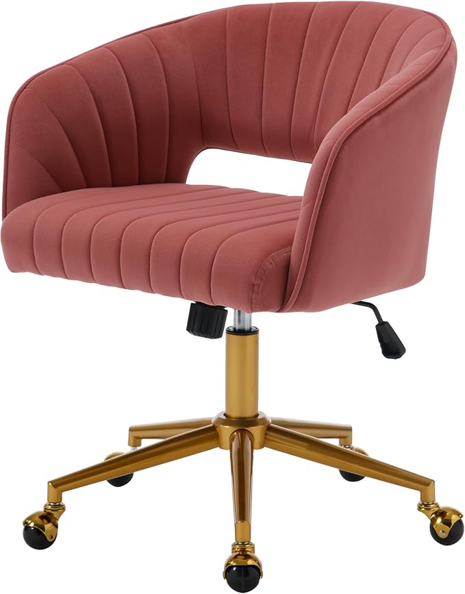 Westice Home Office Desk Chairs, Modern Velvet Desk Chair, Height Adjustable Swivel Vanity Chair with Golden Base, Ergonomic Chair for Vanity Study, Living Room Computer Room, Bean Paste Red
