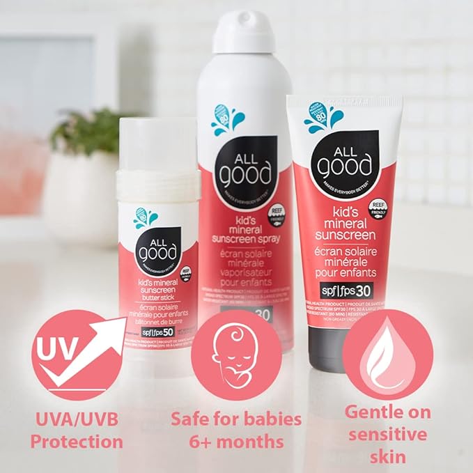 All Good Baby & Kids Mineral Face & Body Sunscreen - UVA/UVB Broad Spectrum, Coral Reef Friendly, Water Resistant, Zinc Oxide - SPF 50 Butter Stick & SPF 30 Lotion